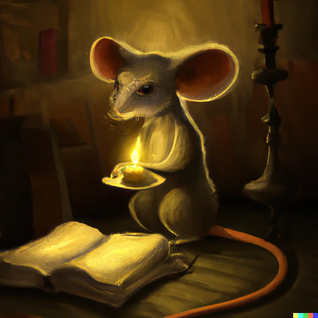 a mouse writting in a large book to the light of a candle, digital art