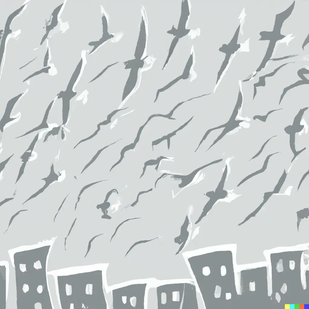 DALL·E - a hand-drawn flock of seagulls flying above a grey town