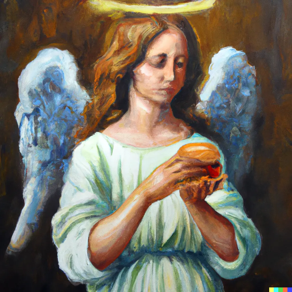 Le tableau d'un ange tenant un burger