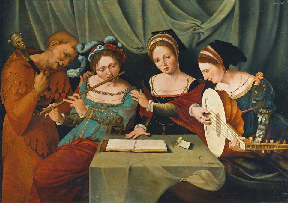 Une peinture représentant quelques musiciens jouant ensembles