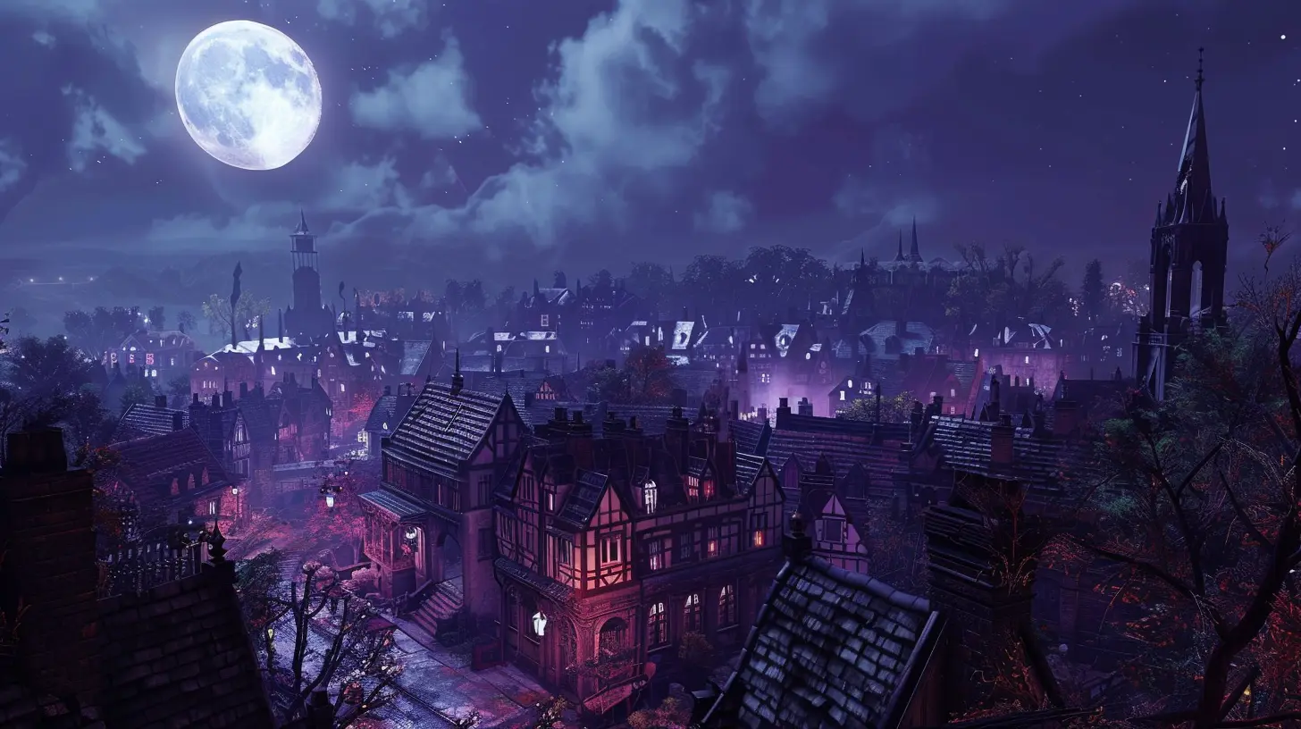A haunted victorian town, the moon shing above