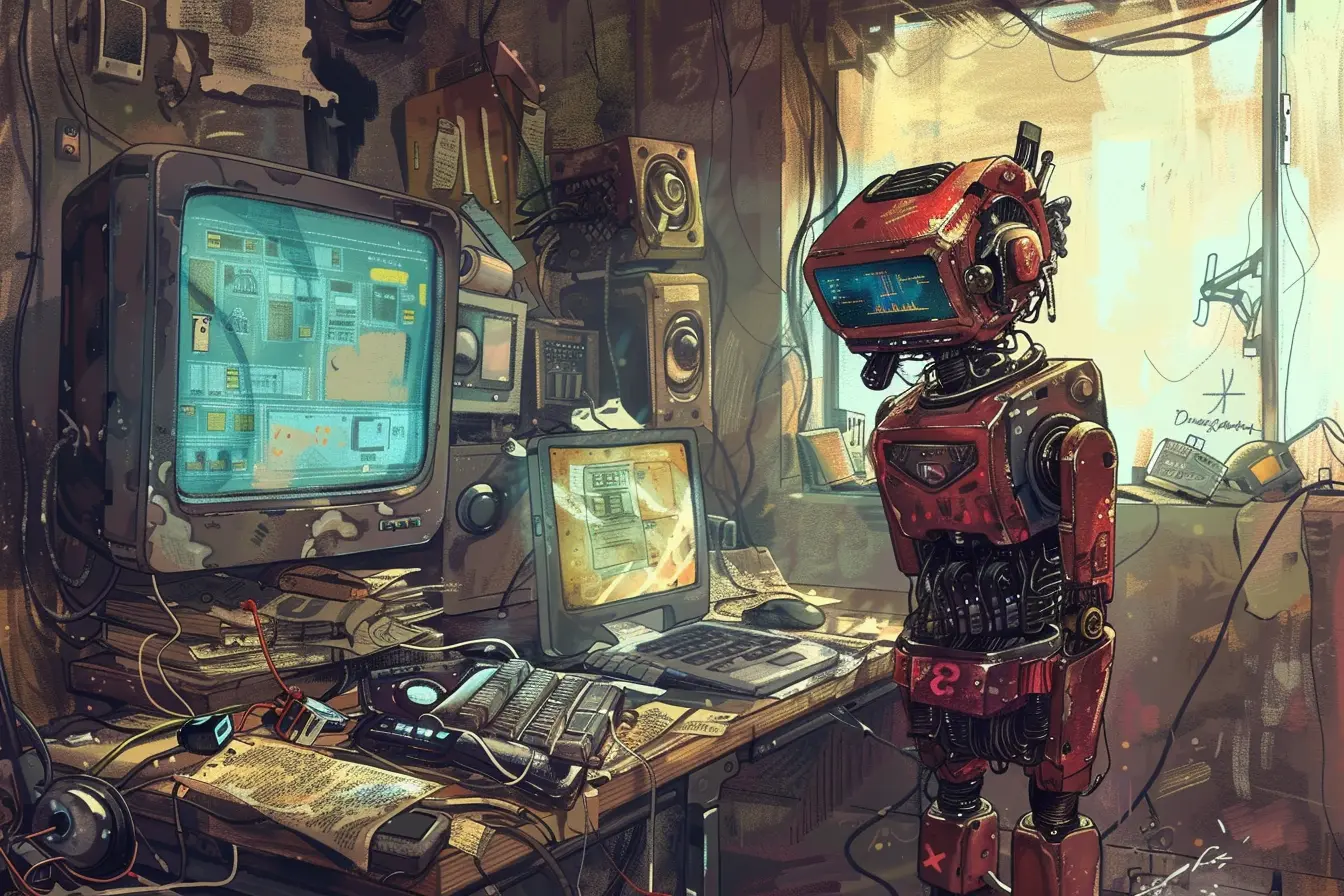 A robot, looking confused at a desk full of computers