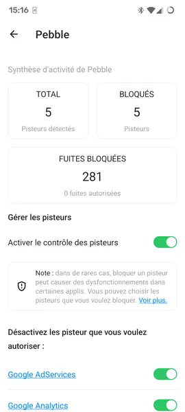 Capture d'écran du bloqueur de traceur intégré à e/OS, montrant les mouchards de l'appli Pebble