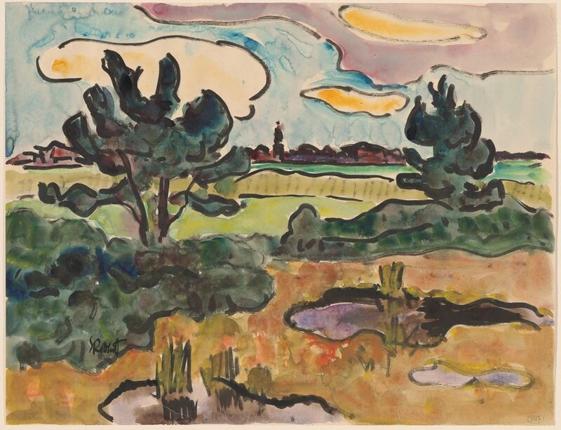 Une aquarelle d´un paysage automnal. Tons verts et bruns, quelques bosquets d´arbres, un champ.