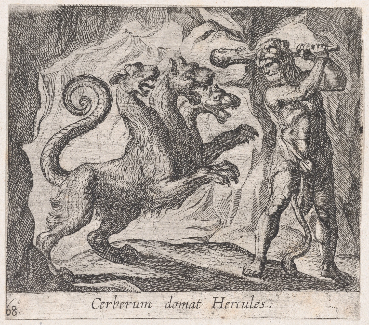 une gravure Montrant Hercules affrontant Cerbère.