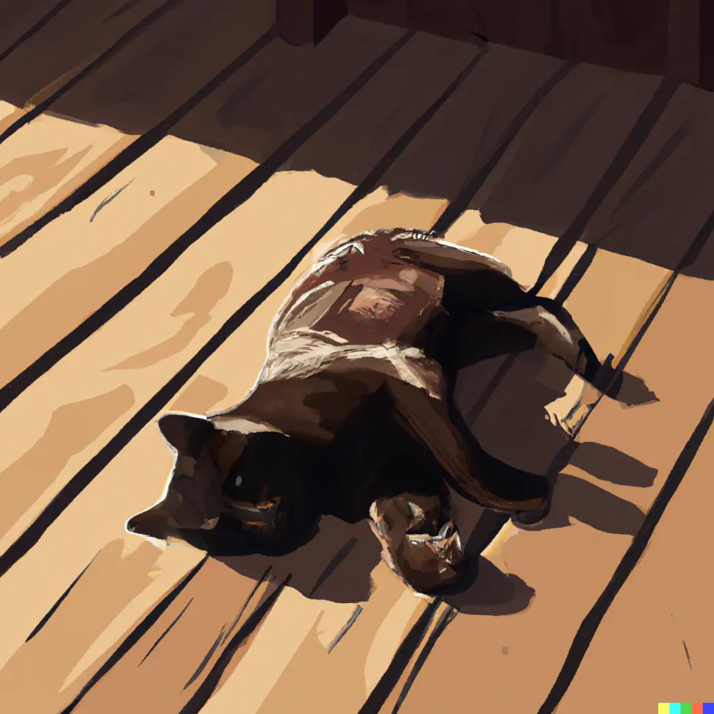 A black cat sleeping in the sun on a wooden floor