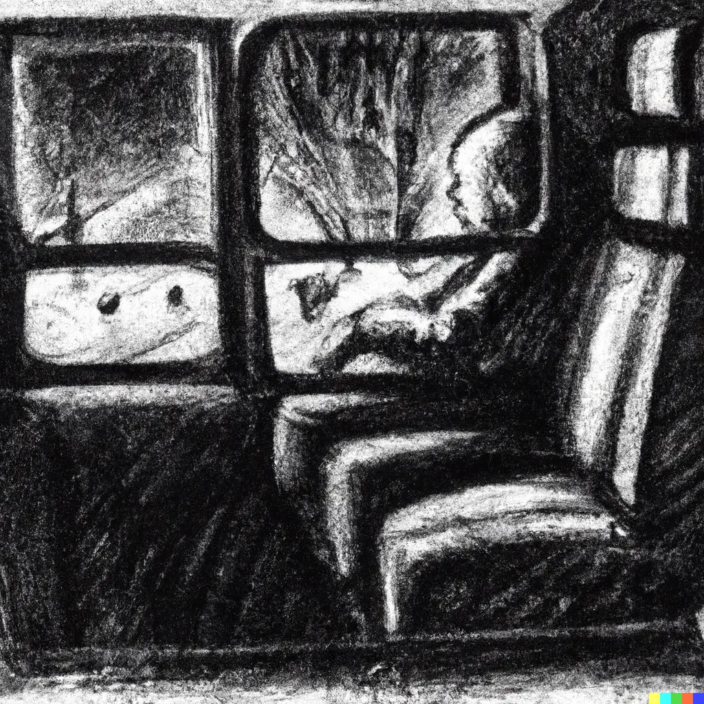 A child watching the night through the window of a bus, pencil drawing