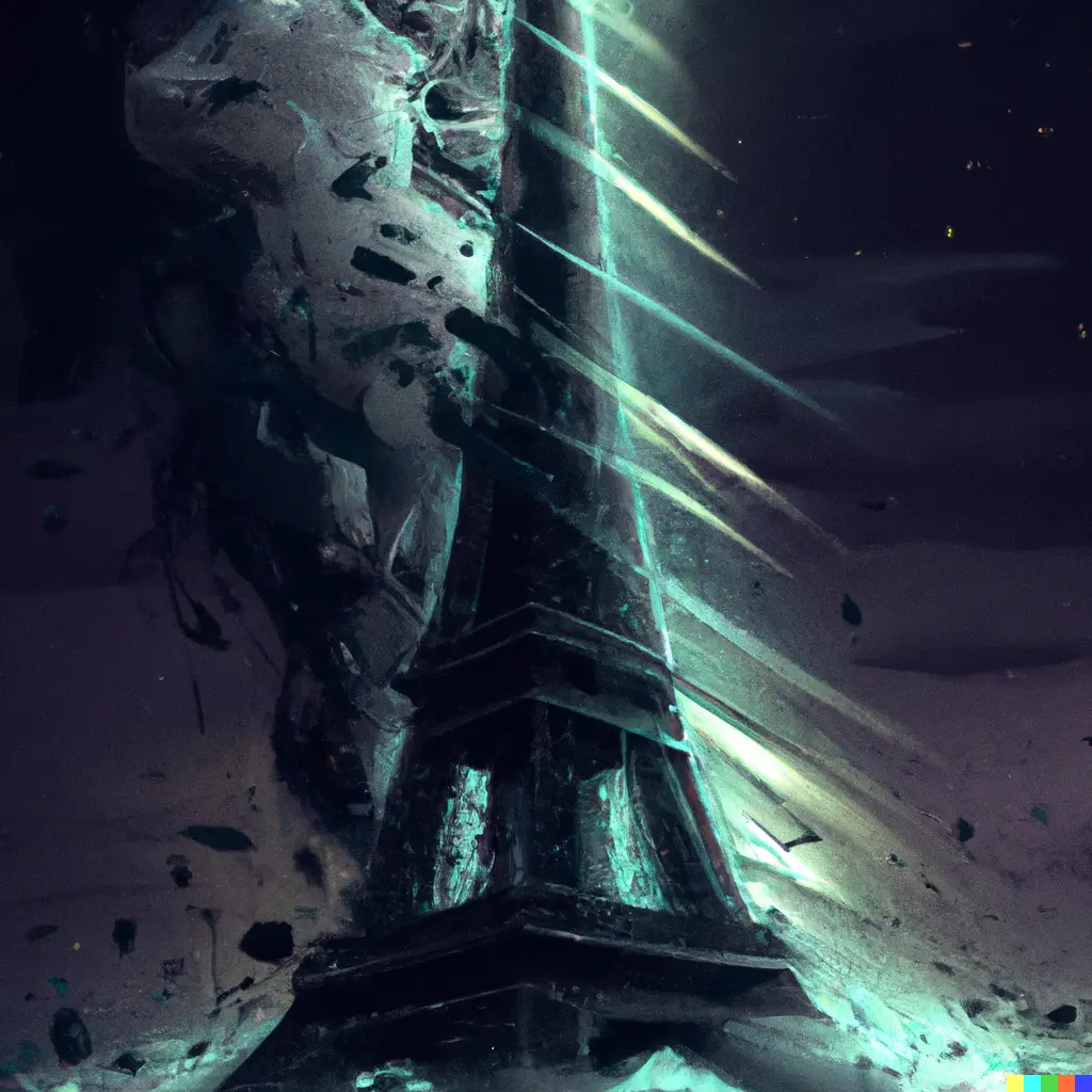 Un rendu artistique sombre et orageux de la tour Eiffel