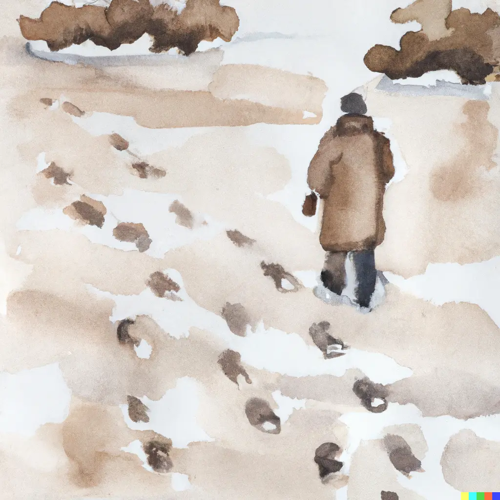 A watercolor painting of a man in a large brown coat walking in a white wintery landscape seen from above