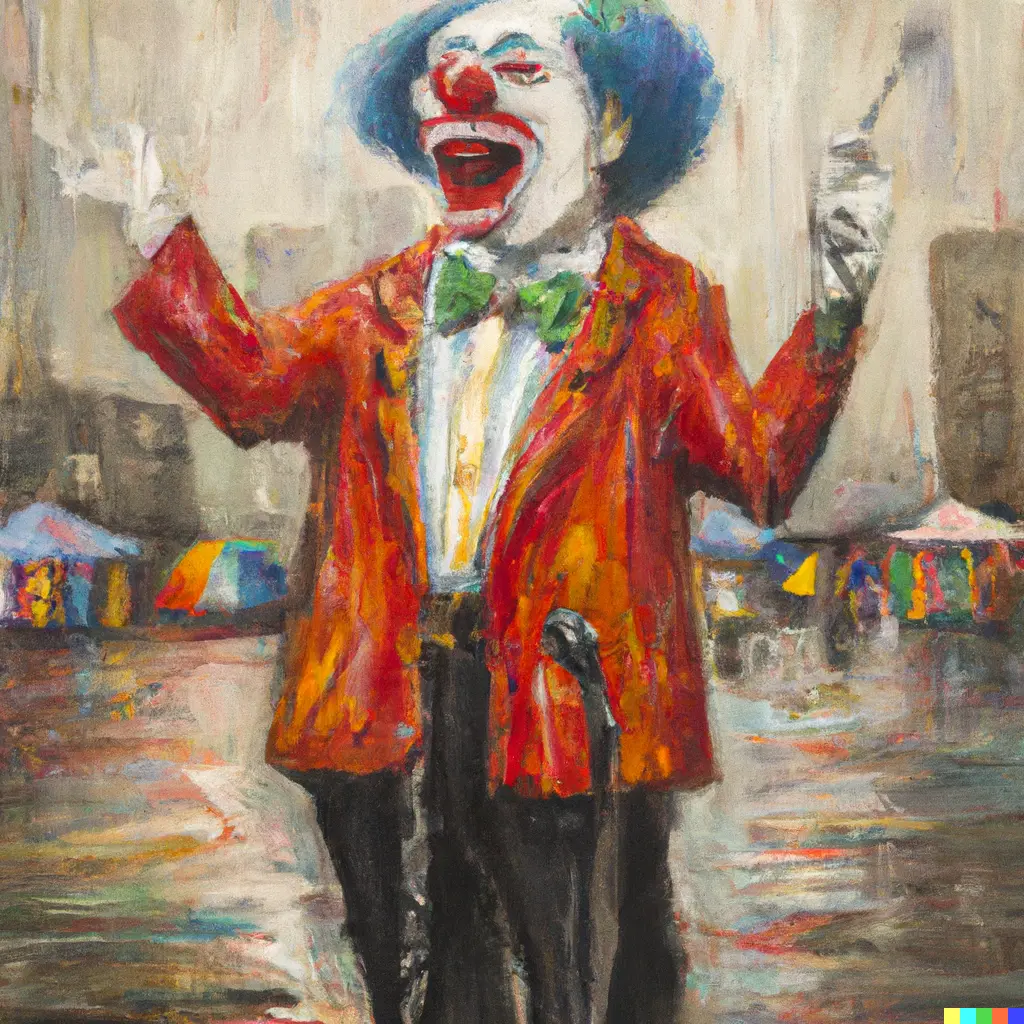 An oil painting of a clown making a speech to a crowd in a grey city under rain