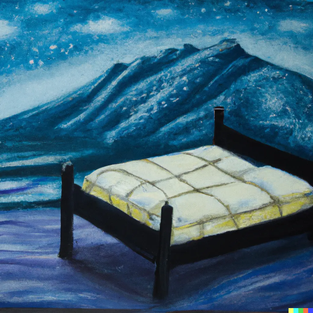 a bed under a starry sky in a mountain landscape, dark oil painting