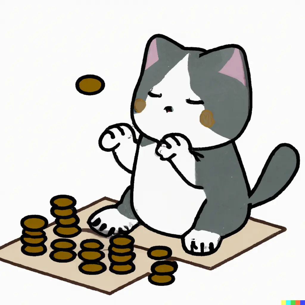 a cat counting nine coins, in ukiyo style