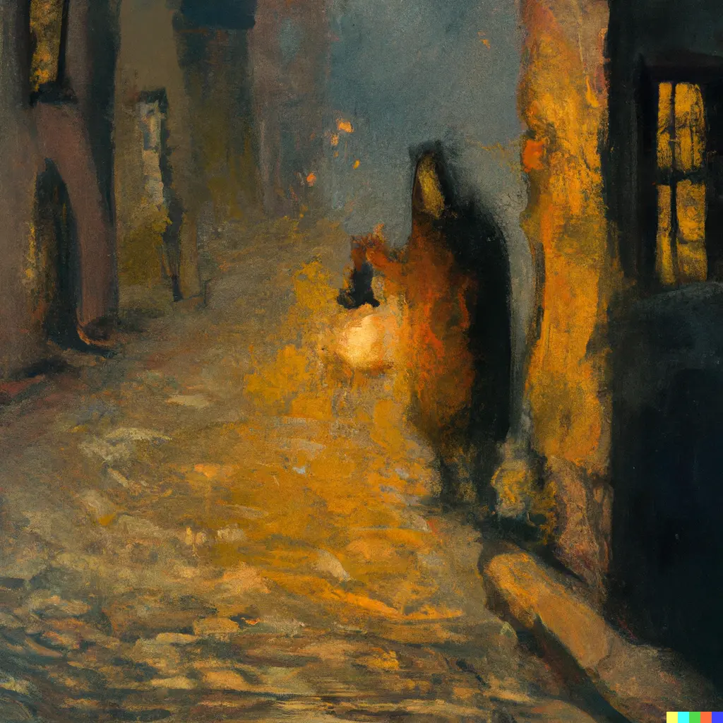 a ghost lighting a lantern in a cobblestone street at night, oil painting