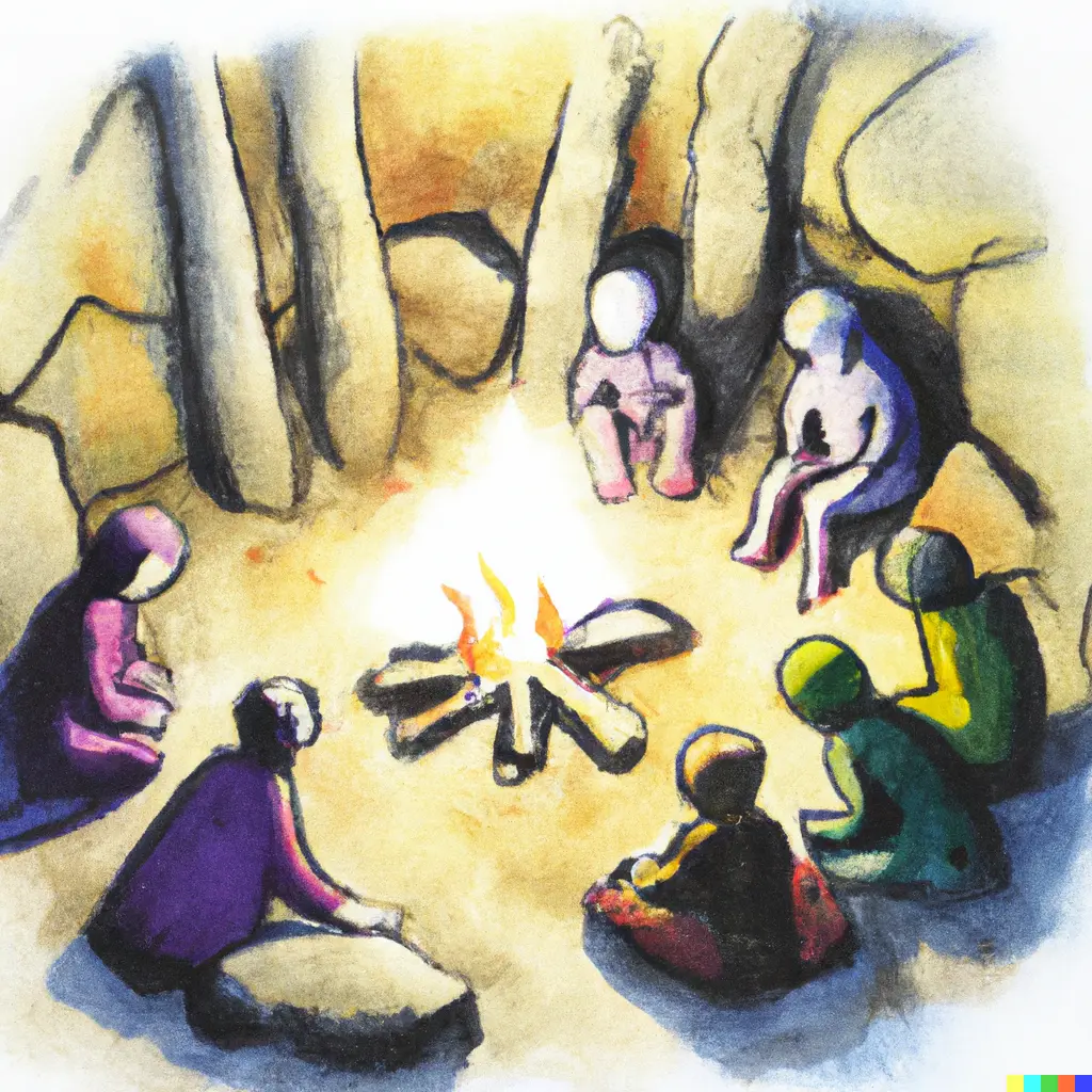 People talking in circle in a grotto