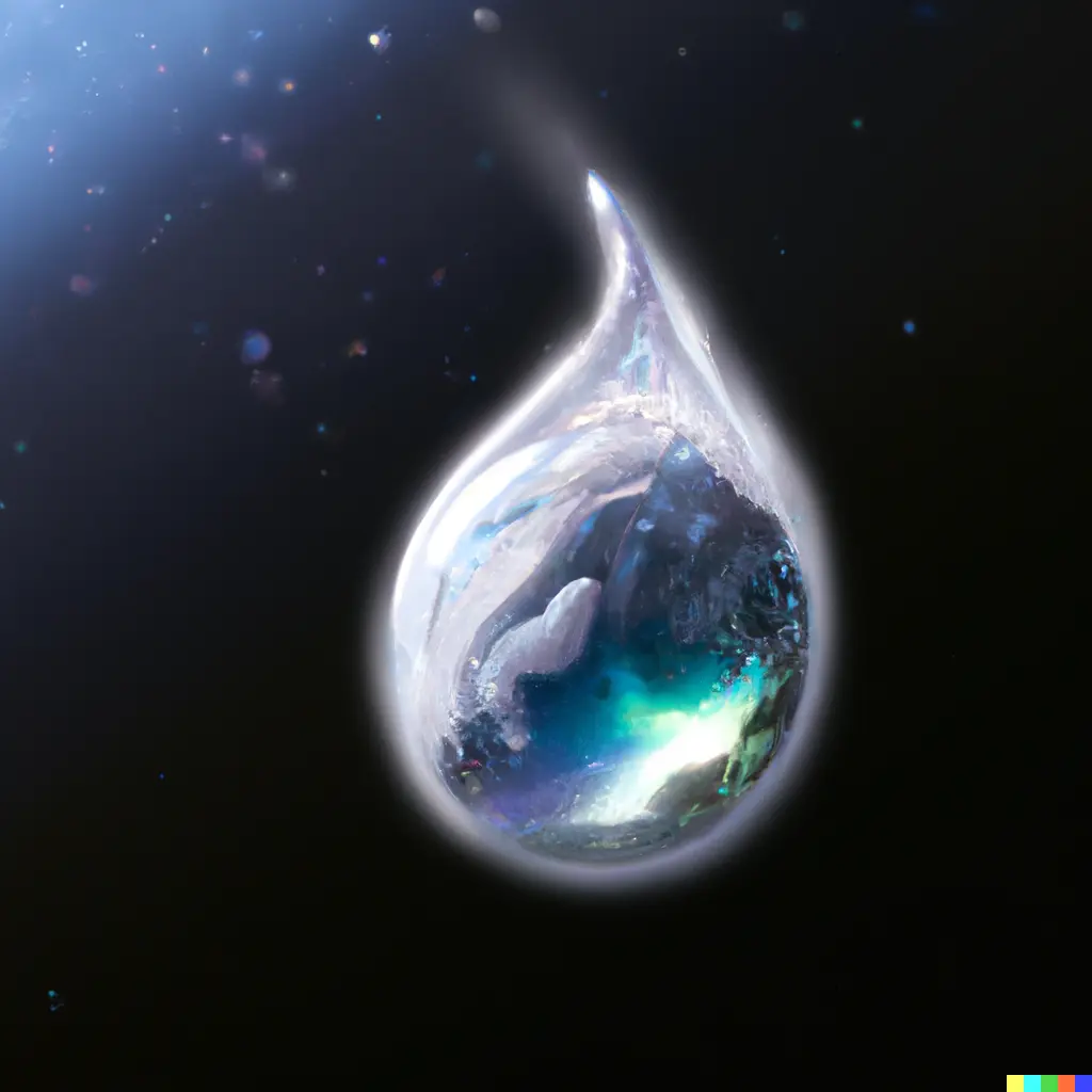 a silvery waterdrop flying in a galaxy