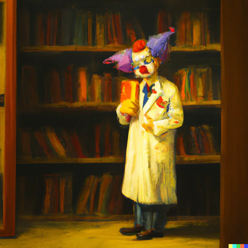 an oil painting of a sad clown posing as a doctor in a library