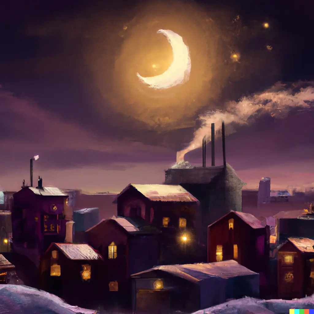 the moon yawning above a small town, digital art